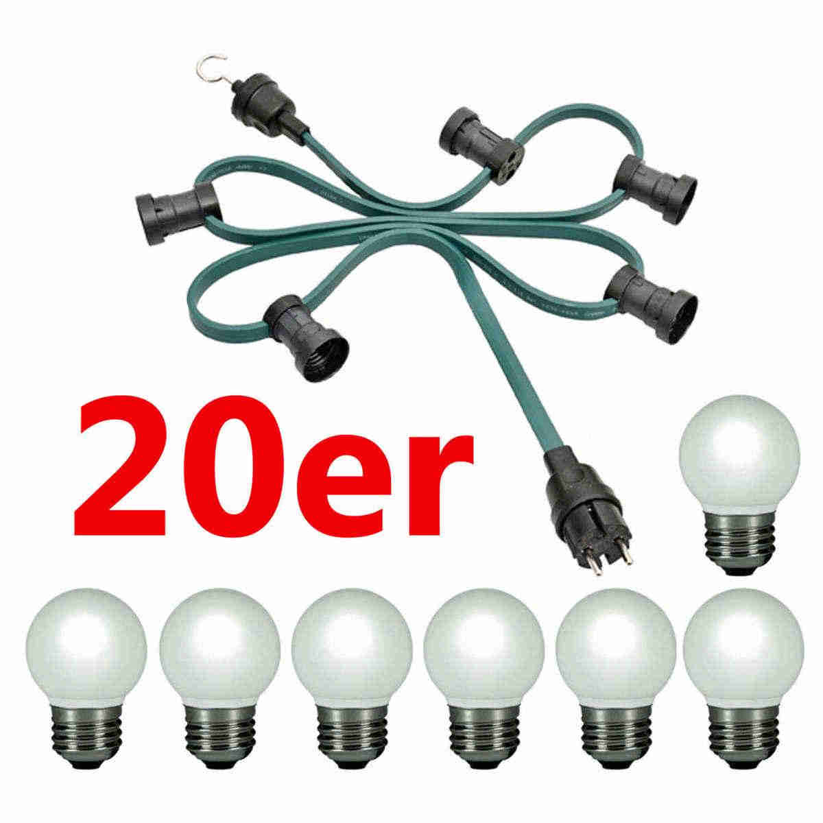 H05RNH2-F2x1,5 Illu-Lichterkette grün 20m inkl. 20x E27 Fassungen, 20x Dichtringe inkl. 20x LED Tropfenlampe E27 warmweiß 2700 Kelvin IP44 für innen und aussen